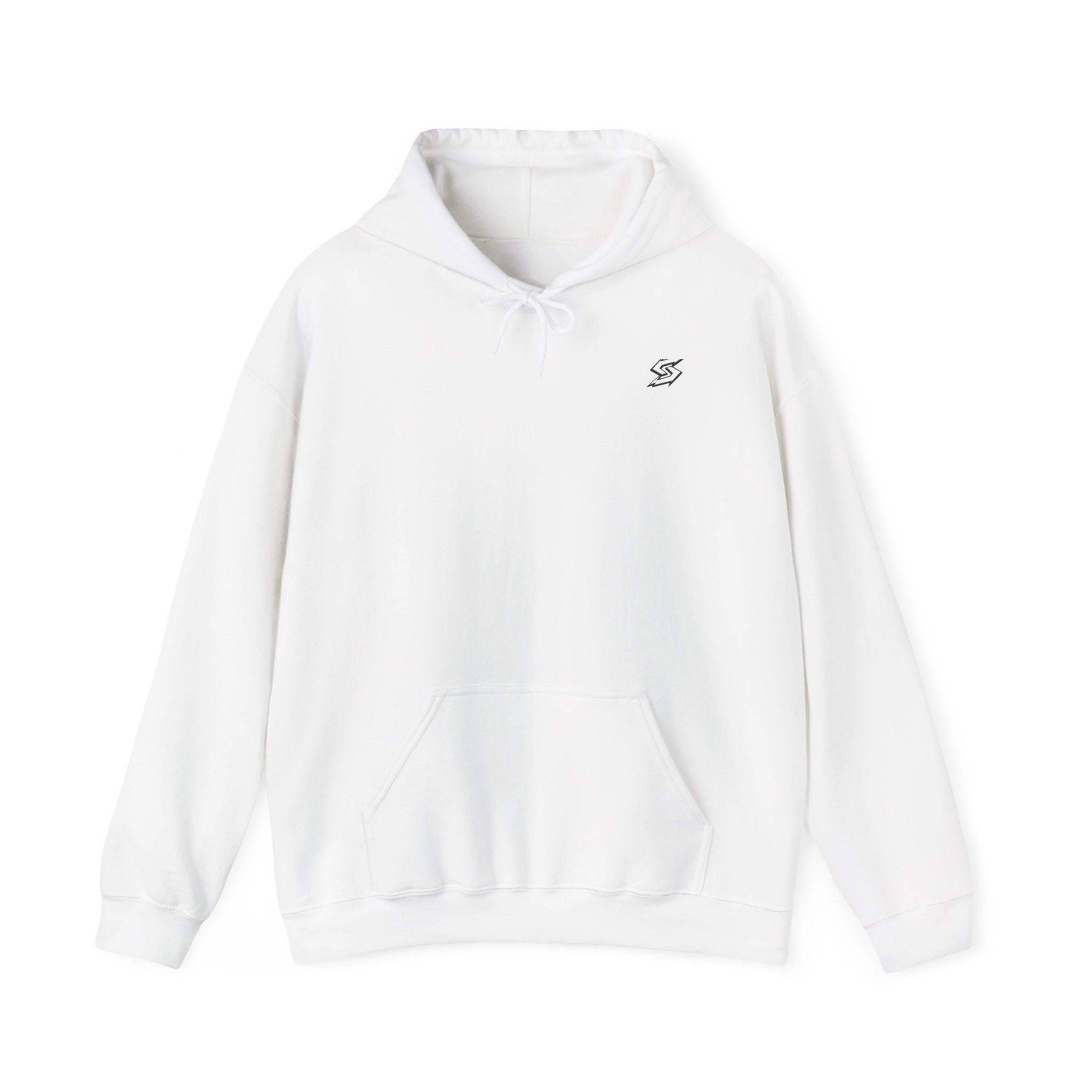 Minimal Lightning Bolt Hoodie — Small Chest Graphic, Clean White Pullover
