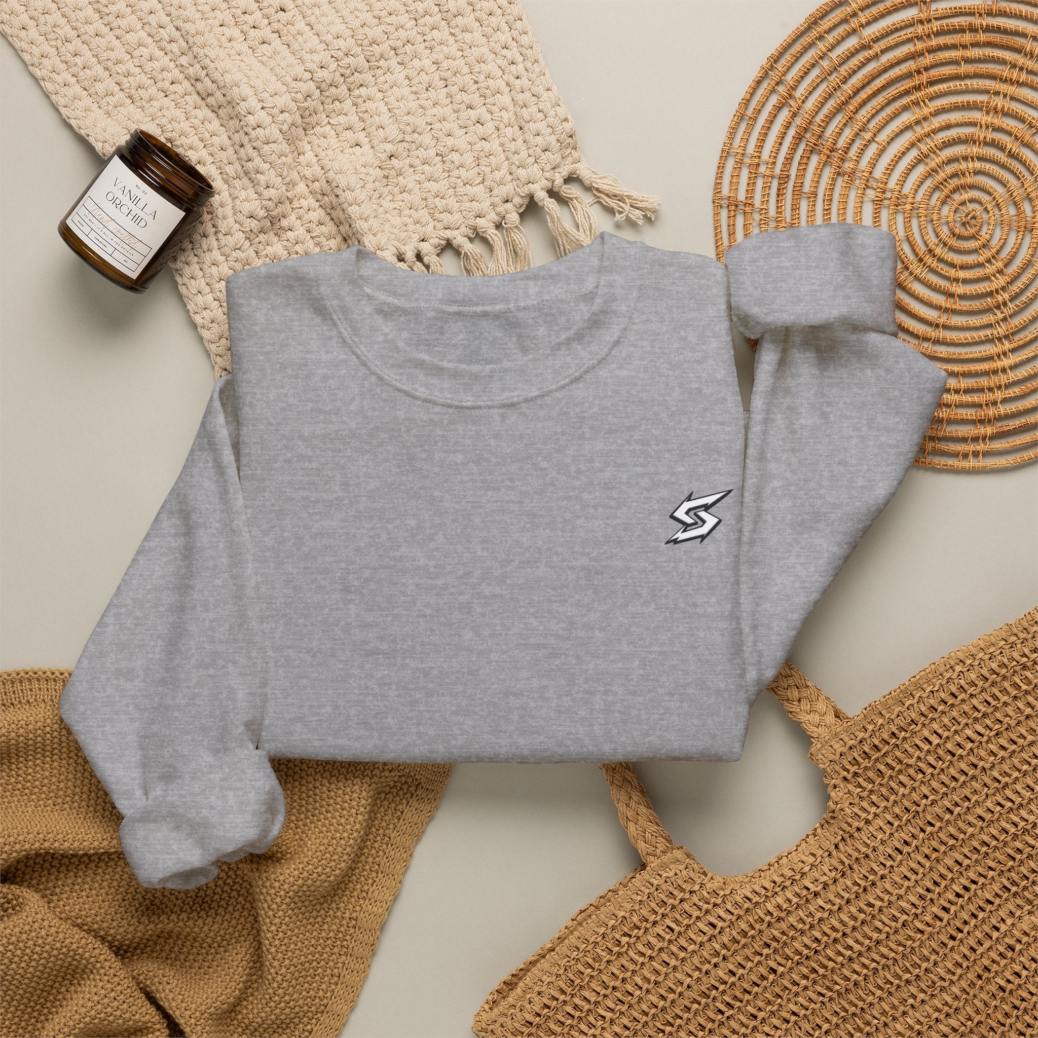 Minimal Lightning Crewneck Sweatshirt — Small Chest Bolt Design